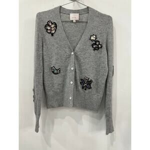 Cinq à Sept Wool V-Neck Graphic Embroidered Sweater Cardigan Gray Women's Size S